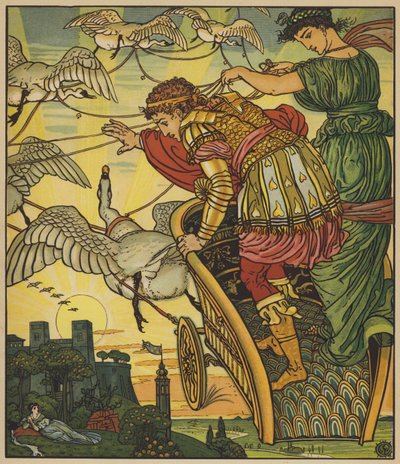 El hada del desierto se lleva al rey de las minas de oro de after Walter Crane