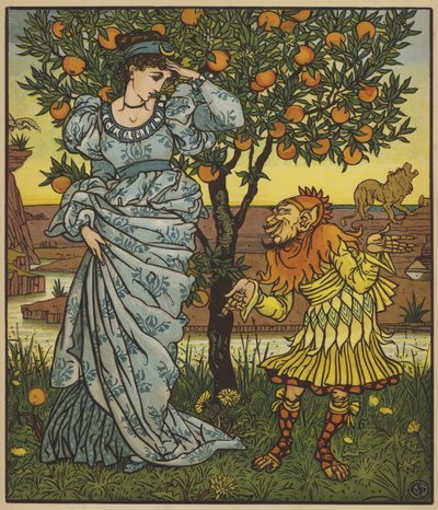 El enano amarillo rescata a la princesa de los leones de after Walter Crane