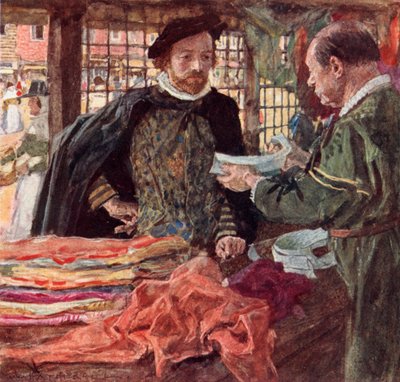 Shakespeare en una mercería para comprarse uno de los nuevos cuellos caídos que están reemplazando a los cuellos rizados de after William Hatherell