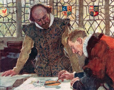 Shakespeare en el Colegio de Heraldos en Pauls Wharf Hill para discutir el escudo de armas de su padre de after William Hatherell