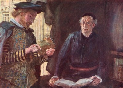 Shakespeare compra un libro en un puesto de libros en el patio de la iglesia de San Pablo, Londres de after William Hatherell