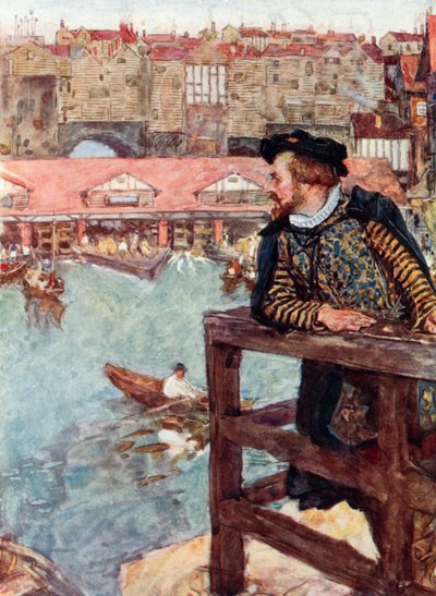 Shakespeare contempla los molinos de agua debajo del Puente de Londres de after William Hatherell