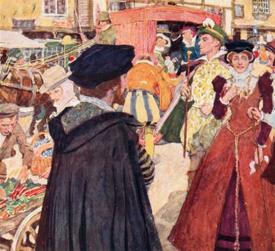 Shakespeare observa las modas y las payasadas de los petimetres en Ludgate Hill, Londres de after William Hatherell
