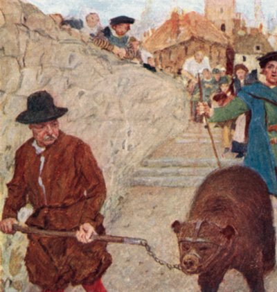 Shakespeare observa un oso camino al Bear Garden en Bankside de after William Hatherell