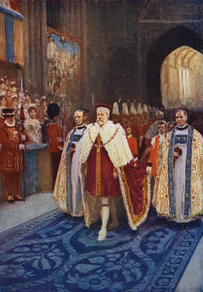 El rey Eduardo VII entrando en la Abadía de Westminster en su coronación de after William Henry Margetson