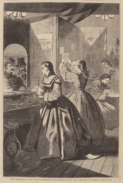 "¿Algo para mí, por favor?" - Oficina de Correos de la Feria de Brooklyn en Ayuda de la Comisión Sanitaria de after Winslow Homer