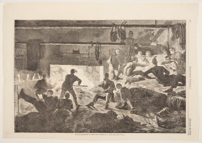 Cuarteles de invierno en el campamento – El interior de una cabaña de after Winslow Homer