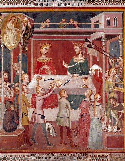 Cómo el Demonio pidió a Dios probar a Job en el momento de su prosperidad. Fresco de Bartolo di Fredi (o Manfredi De Battilori) (1330-1410) Colegiata de San Gimignano, Italia de also Manfredi de Battilori Bartolo di Fredi