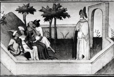 Cómo el Viejo de la Montaña recibió a los seguidores en el jardín, del Livre des Merveilles du Monde, c.1410-12 de and workshop Boucicaut Master