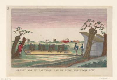 Batería en Binnen Bullewijk, 1787 Vista de la batería en Binne Bullewijk 1787 (título sobre objeto) Baterías alrededor de Ámsterdam en 1787 (copias en alemán) (título de la serie) de anonymous (attributed to)