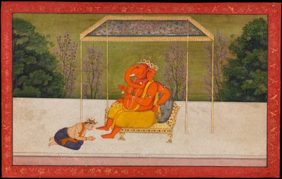 "Indra venera al dios de cabeza de elefante Ganesha, sentado en un trono". Folio de la serie Tehri Garhwal del Gita Govinda de anonymous 