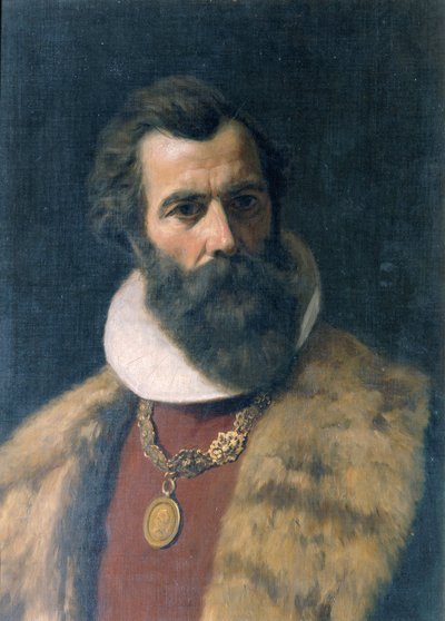 Hombre barbudo con cuello de piel y cadena. de anonymus