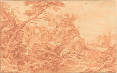 Un Paisaje Rocoso con una Torre de Piedra y una Cascada de attributed to Adriaen Frans Boudewyns