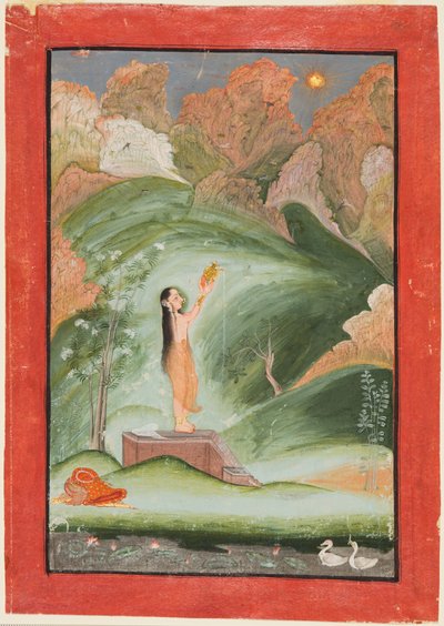 Una mujer adorando al sol naciente (Surya Puja) de attributed to Chokha