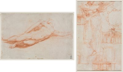 Study of a Fallen Soldier (possibly the Conversion of Saul) (recto); A Draped Female Figure (possibly an Amazon) and Architectural Studies (verso) de attributed to Correggio