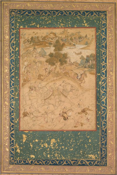 Akbar supervisando la captura de elefantes salvajes en Malwa en 1564, pintando 90 de un Akbar-nama (Libro de Akbar) de Abu