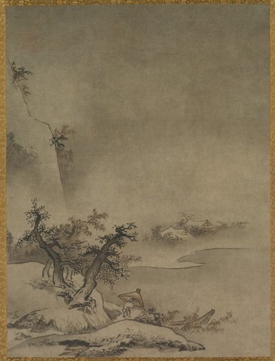 Sirviente chino caminando bajo la lluvia de attributed to Gakuō Zōkyū