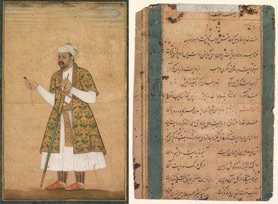 Una cortesana, posiblemente Khan Alam, sosteniendo una espinela y una espada Deccan de attributed to Govardhan