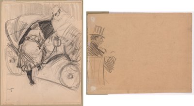 Mujer entrando en un fiacre (recto); Perfil derecho de un hombre con sombrero alto (verso) de attributed to Jean Louis Forain