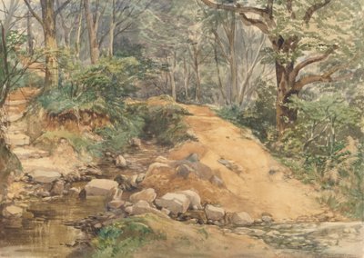 Escena de bosque con un sendero que cruza un arroyo de attributed to John Middleton
