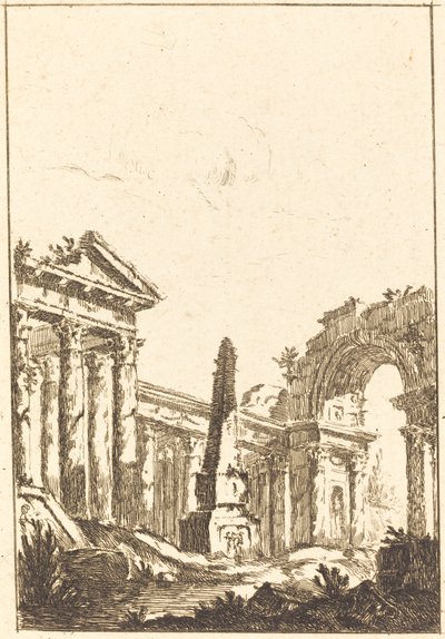 Capricho con ruinas y un obelisco de attributed to Jérôme Charles Bellicard