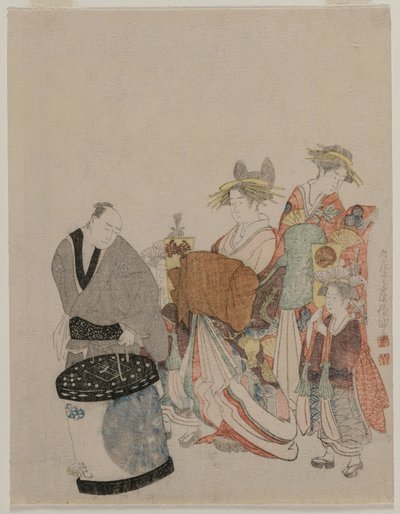 Cortesana en la ciudad con asistentes por la noche de attributed to Kubo Shunman