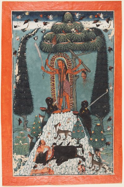 La diosa Kali de pie en la cima de una montaña de attributed to Master of the court of Mandi
