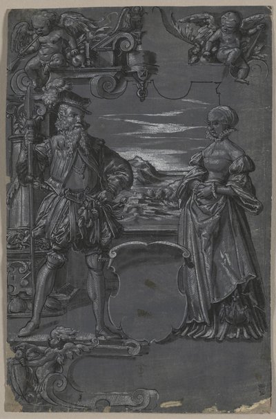 Diseño para pintura en vidrio: Hombre y mujer en entorno arquitectónico de attributed to Tobias Stimmer