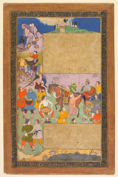 Un auriga cabalgando por un paisaje rocoso con un séquito de lacayos y músicos, página de un Razm-nama (Libro de las Guerras) adaptado del sánscrito Mahabharata y traducido al persa por Mir Ghiyath al-Din Ali Qazvini, conocido como Naqib Khan (Persa de attributed to Yusuf Ali