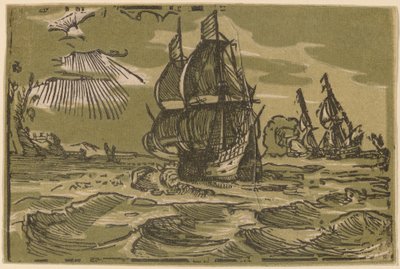 Dos barcos de tres mástiles frente a una costa de attributed to workshop of Willem Jansz. Blaeu