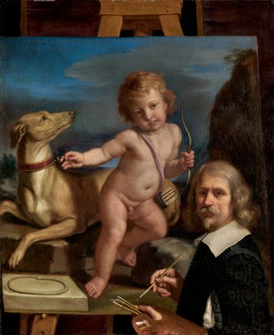 Autorretrato ante una Pintura de "Amor Fedele" de called Guercino Giovanni Francesco Barbieri