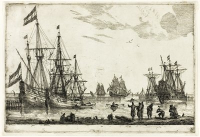 Cuatro veleros en un rompeolas, de Trece escenas navales de called Zeeman Reinier Nooms