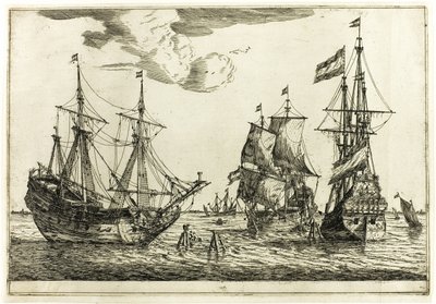 Tres veleros amarrados, de Trece escenas navales de called Zeeman Reinier Nooms