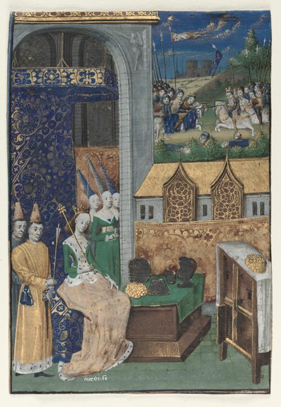 Miniatura única extraída de Des Cleres et nobles femmes de Boccaccio: Reina Medusa y su corte de circle of Maître François