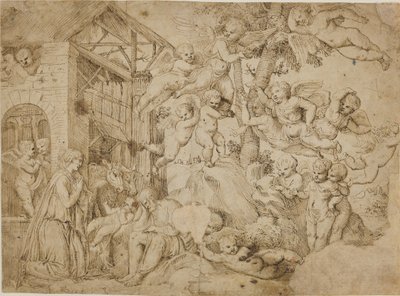 La adoración del Niño Jesús con un coro de putti de dall