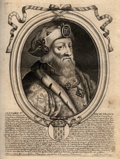 Retrato de Clotario I (497 - 561), Rey de Neustria y Rey de los Francos - grabado de 