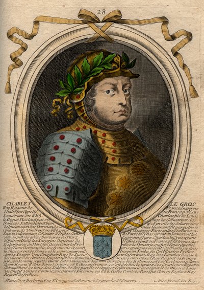 Dinastía Carolingia: Retrato de Carlos III el Gordo (839-888) Rey de los Francos - Carlos III el Gordo - grabado de 