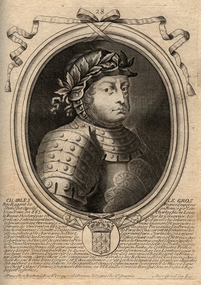 Dinastía Carolingia: Retrato de Carlos III el Gordo (839-888) Rey de los Francos - Carlos III el Gordo - grabado de 