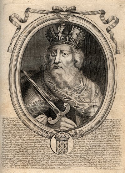 Carlomagno (Carlos I llamado el Grande, Carolus Magnus, 742-814), Rey de los Francos - Carlomagno (Carolus Magnus, Carlos el Grande) (747-814) Rey de los Francos y Emperador Cristiano de Occidente - grabado de 