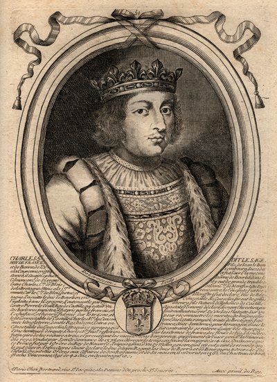 Retrato de Carlos V el Sabio (1338 - 1380) - Carlos V el Sabio, Rey de Francia de la Casa de Valois - grabado de 
