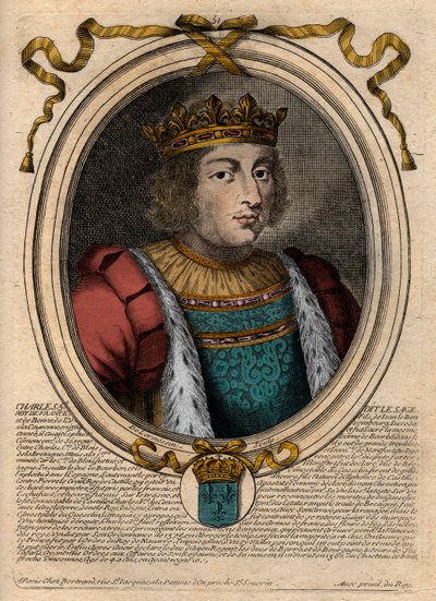 Retrato de Carlos V el Sabio (1338 - 1380) - Carlos V el Sabio, Rey de Francia de la Casa de Valois - grabado de 