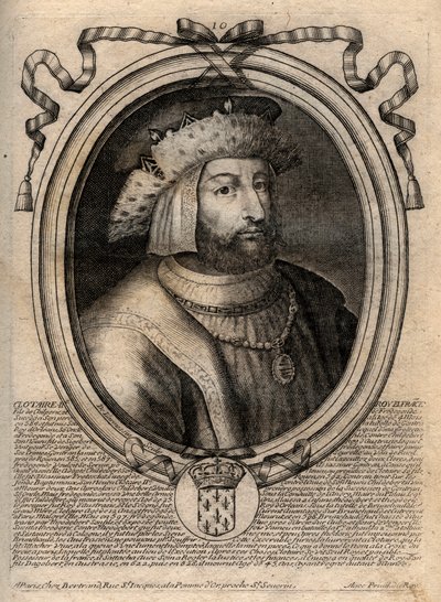 Retrato de Clotario II (584-628), Rey de Neustria y Rey de los Francos - grabado de 