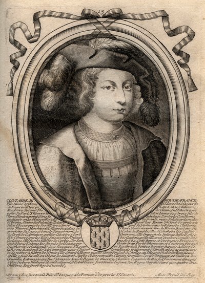 Retrato de Clotario III (652 - 673), Rey de Neustria y Borgoña - Clotario III, Rey de los Francos de la casa de los Merovingios - grabado de 