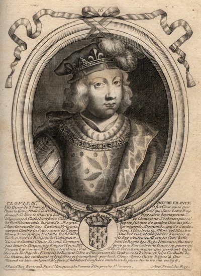 Retrato de Clovis III, rey de los Francos de 691 a 695 - CLOVIS III Rey Merovingio de Neustria y Austrasia - grabado de 