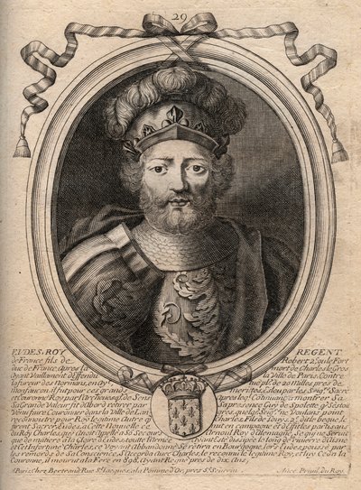 Retrato de Eudes (Odon) (v. 860 - 898), Conde de París y Troyes, luego Rey de Francia - EUDES conde de París elegido al trono francés tras la deposición de Carlos el Emperador - grabado de 