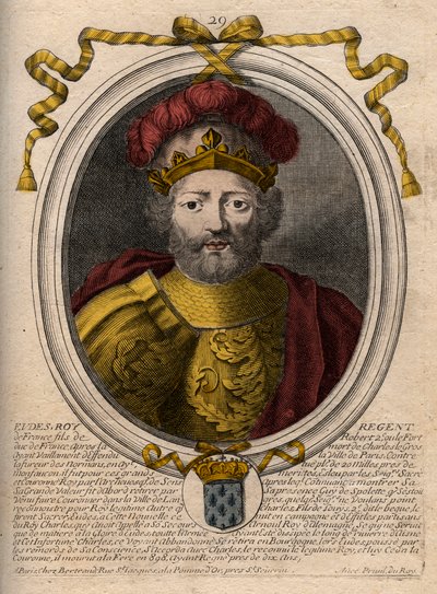 Retrato de Eudes (Odon) (v. 860 - 898), Conde de París y Troyes, luego Rey de Francia - EUDES conde de París elegido al trono francés tras la deposición de Carlos el Emperador - grabado de 