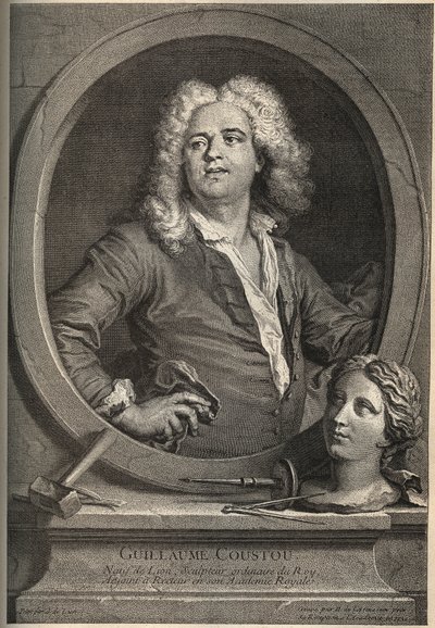 Retrato de Guillaume Coustou (1677-1746) escultor francés - grabado por Larmessin después de J.de Lien de de Larmessin