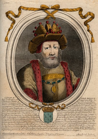 Retrato de Luis II el Tartamudo o el Holgazán (846-879), Rey de los Francos - Luis II El Tartamudo 848 a 879 - grabado de 