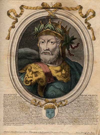 Retrato de Meroveo o Merovech, rey franco (v448-v458), primer rey de la raza merovingia - Retrato de Merovech (Meroveus) (d456) Rey de los Francos Salios - grabado de 
