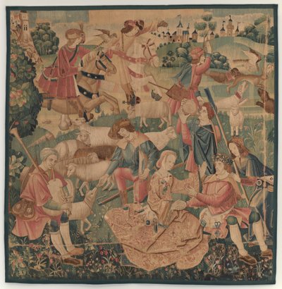 Escenas de caza y pastorales, con un héroe coronado entre damas de design probably French 16th Century, Paris; woven in southern Netherlands or Paris in an undetermine workshop